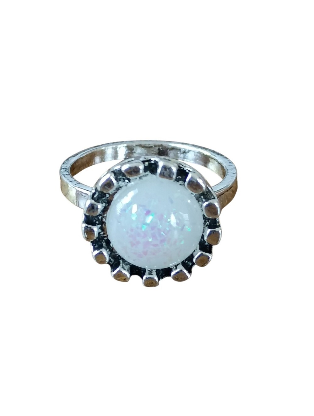 White Opal Ring 7 Silver Tone Alloy
